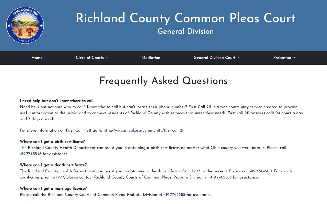 Mansfield Ohio Richland County divorce records court FAQ