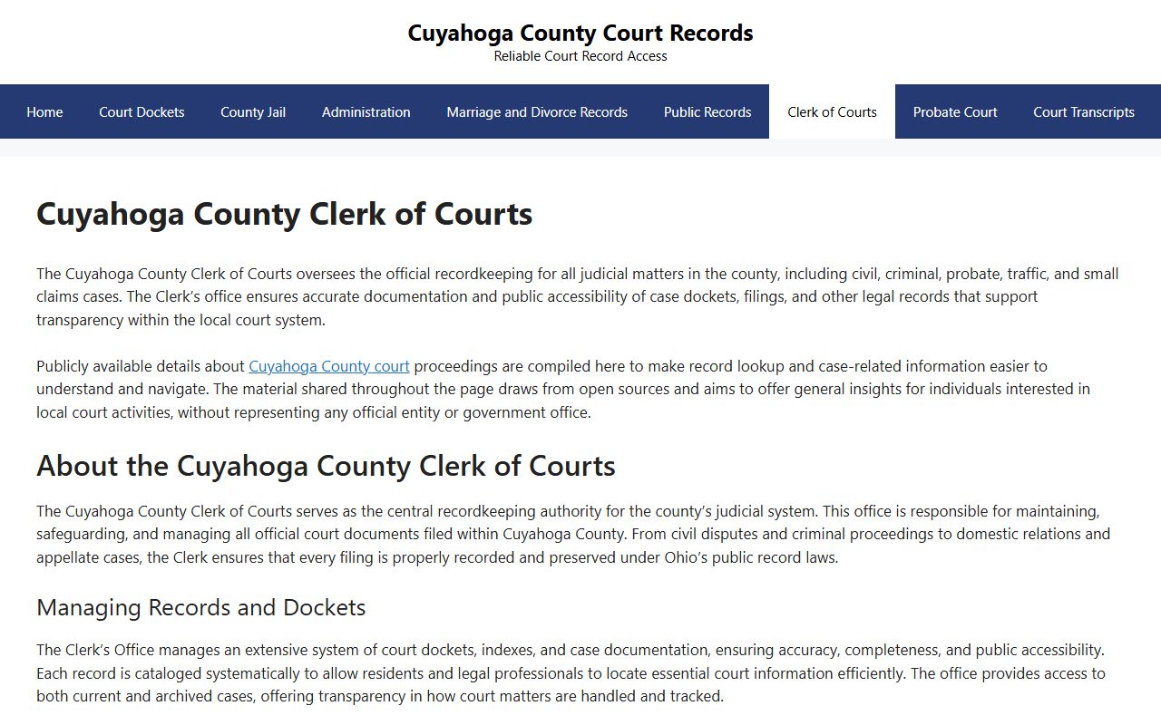 Cuyahoga County Courts clerk of courts divorce records page
