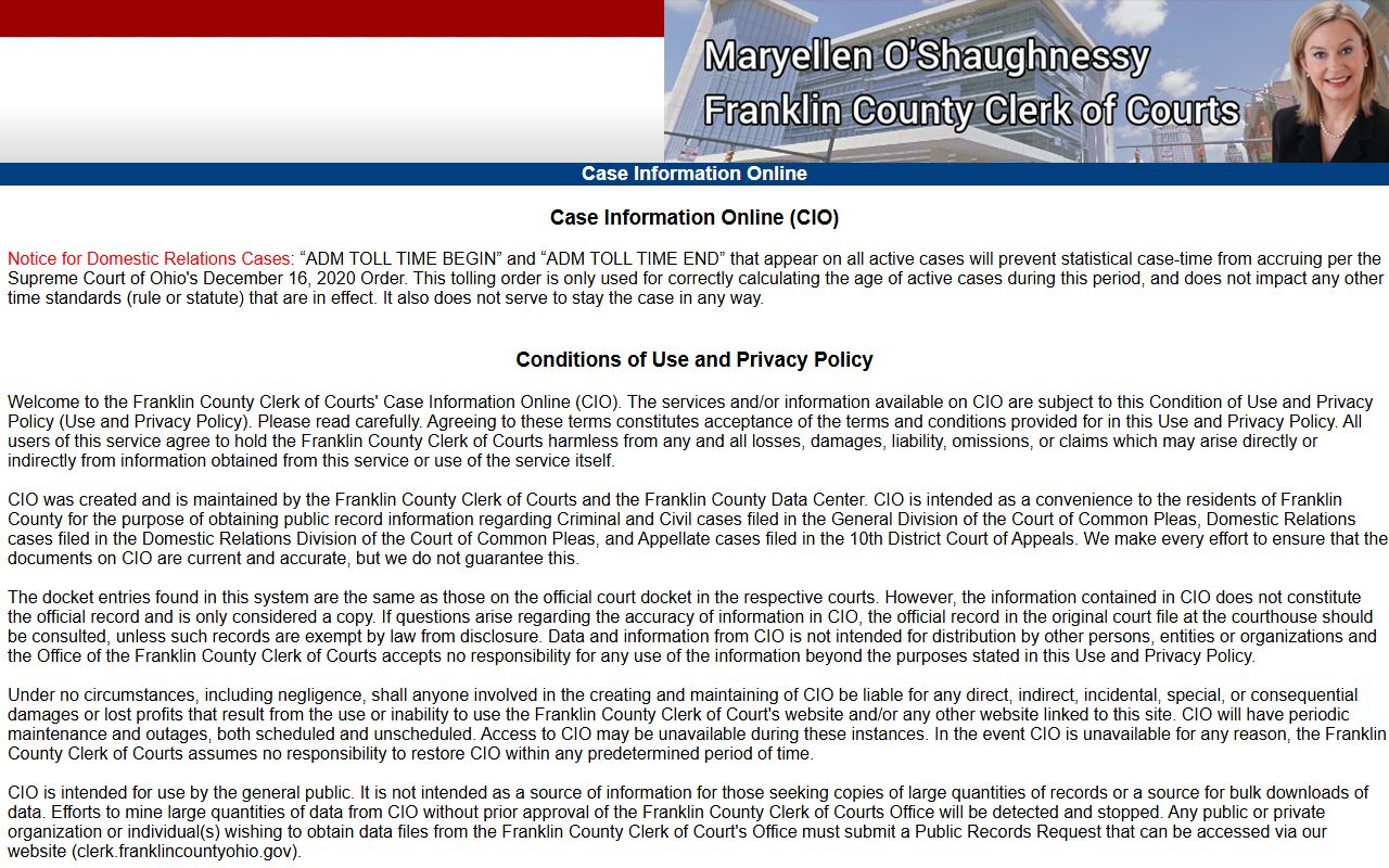 Franklin County Case Information Online portal for divorce records
