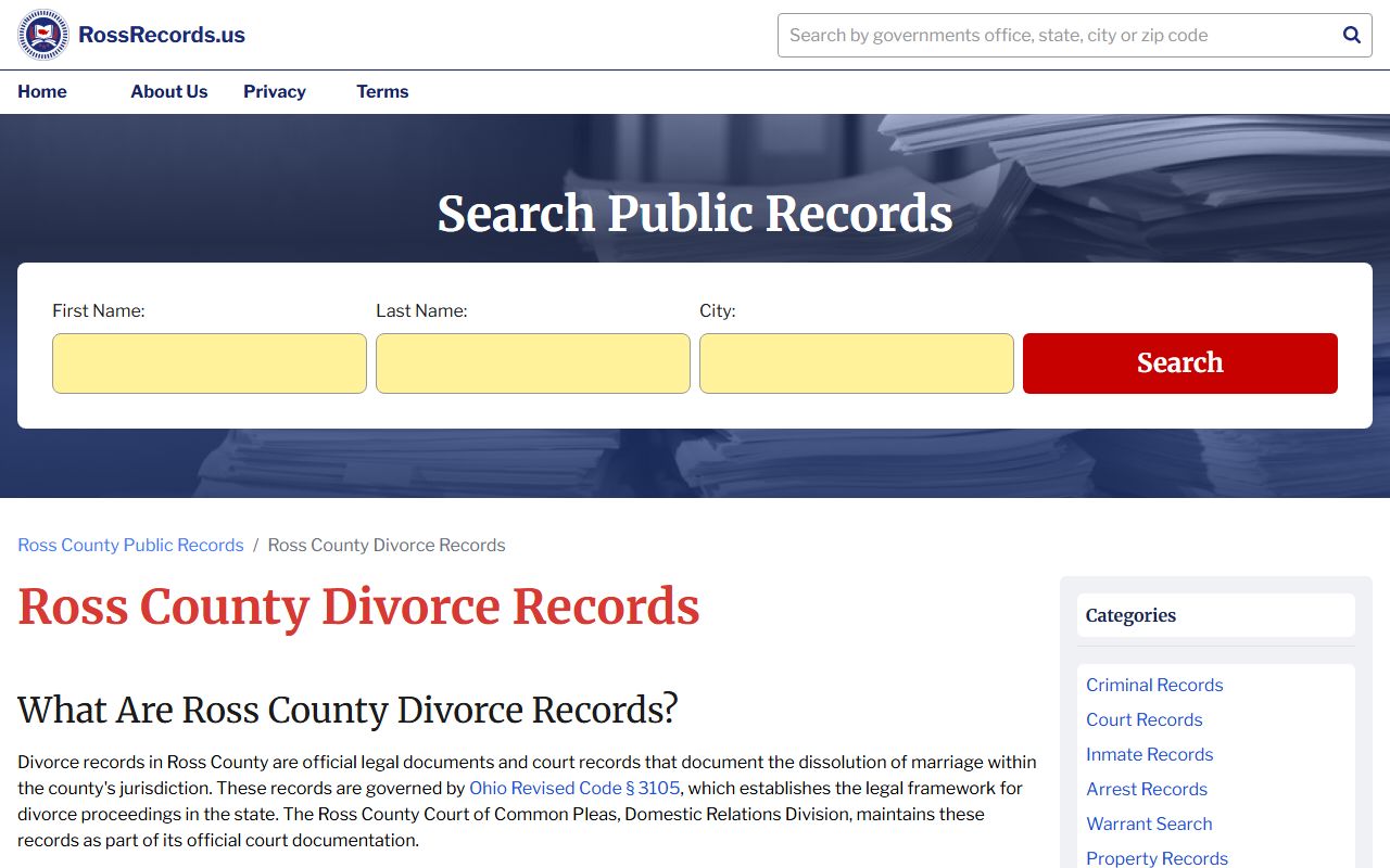 Ross County divorce records information page