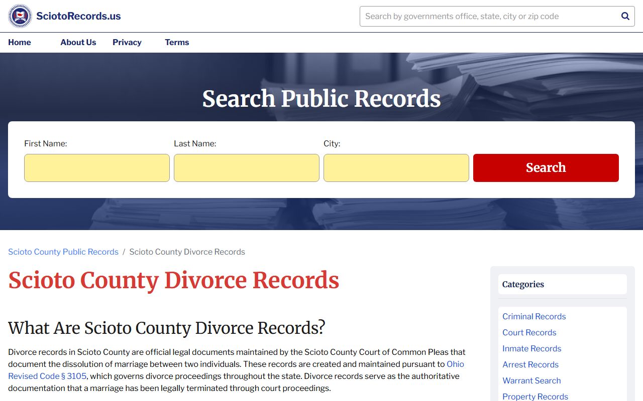 Scioto County divorce records information page