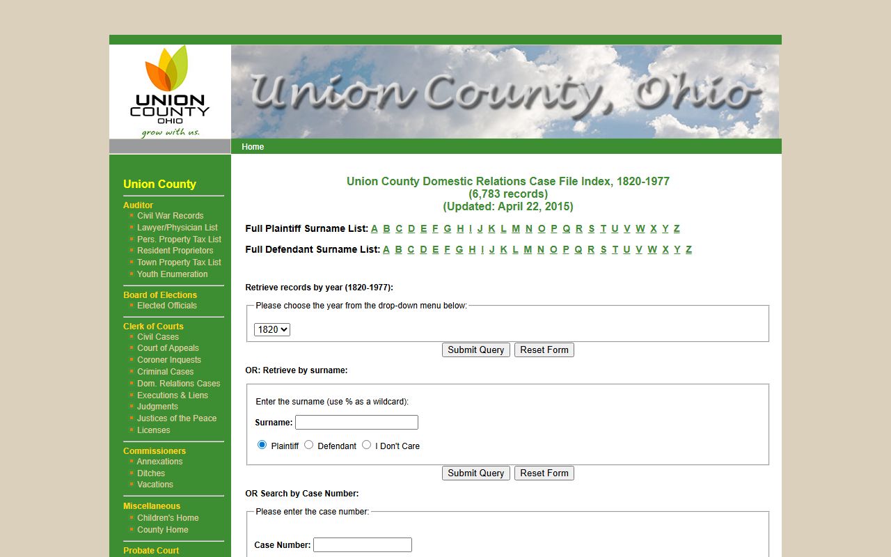 Union County Domestic Relations Case File Index for divorce records