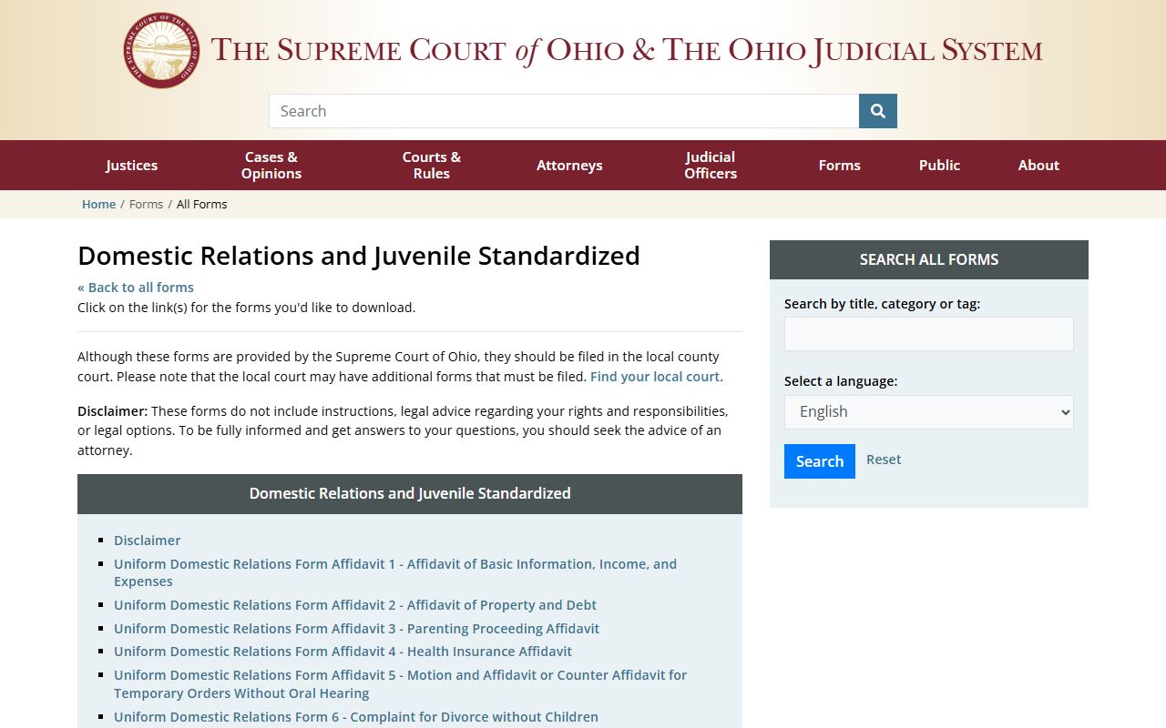 Supreme Court of Ohio domestic relations forms for divorce records